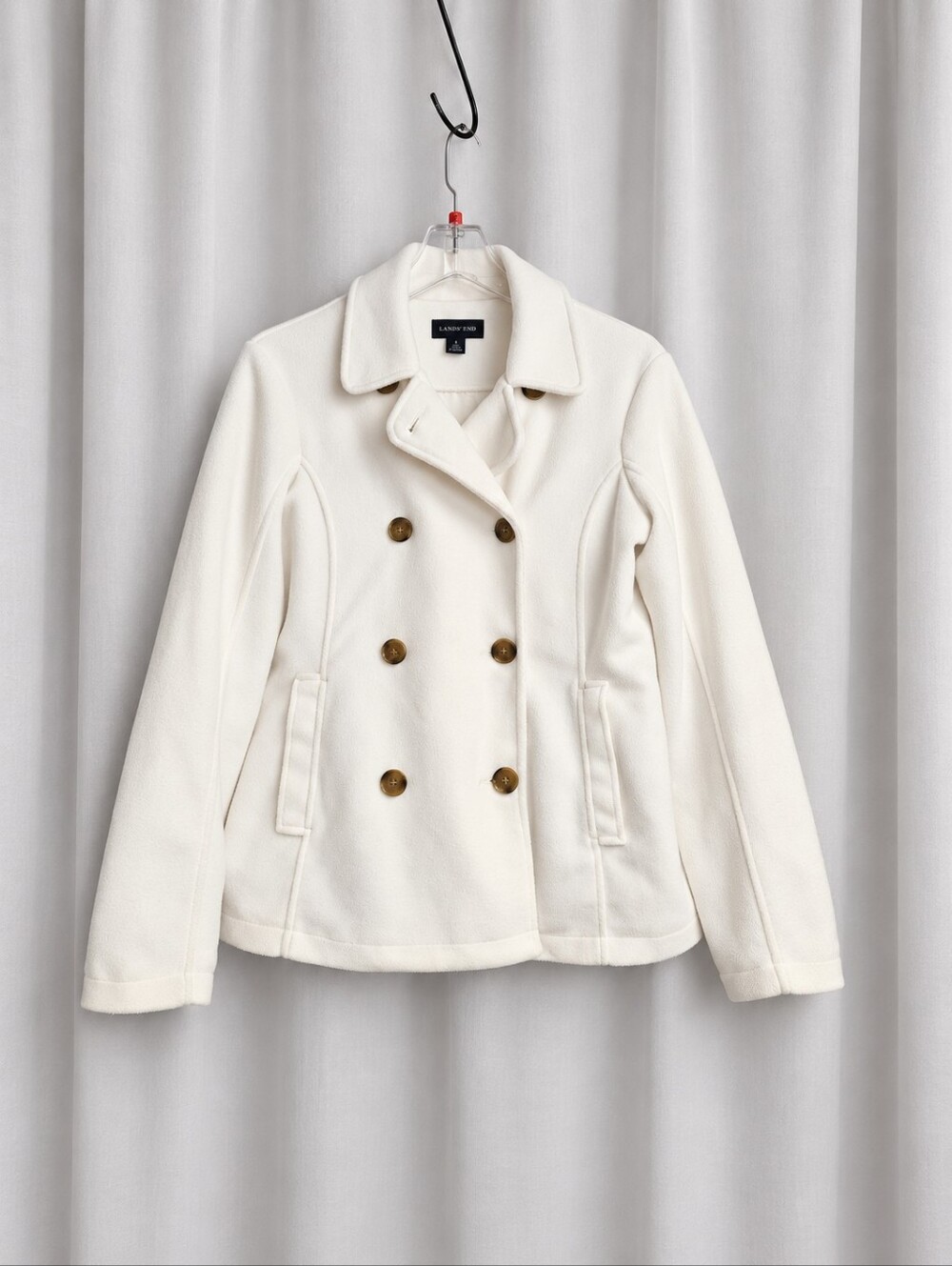 Lands End Winter White ThermaCheck Fleece Double Breasted Classic Cozy Pea Coat